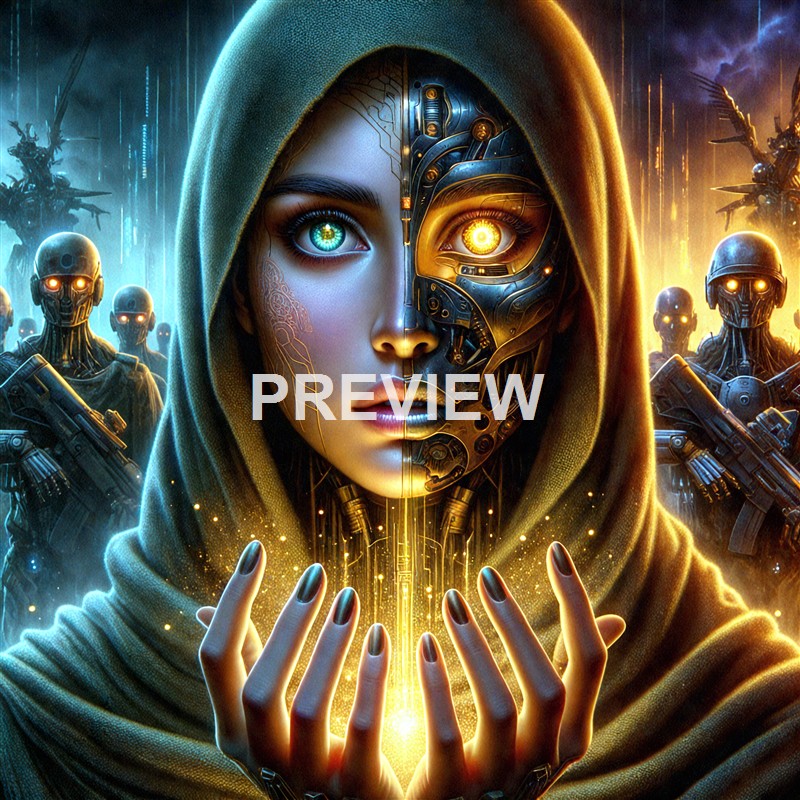 A woman with half of her face being human and the other half a robotic, cyborg-like face, surrounded by futuristic soldiers with glowing eyes in a sci-fi setting.